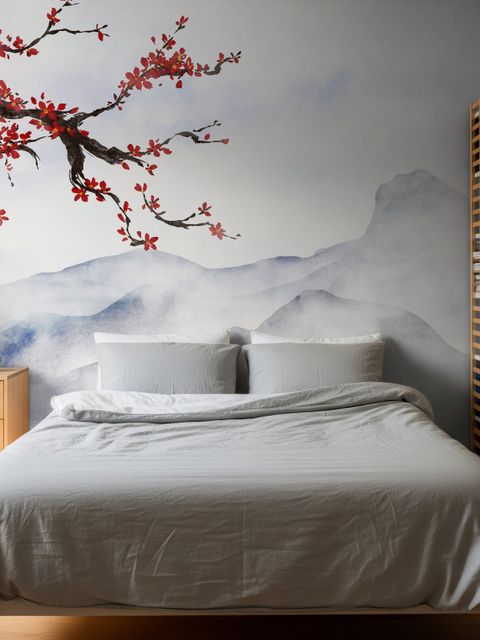 Snowy Mountainscape with Cherry Blossom Wallpaper Mural