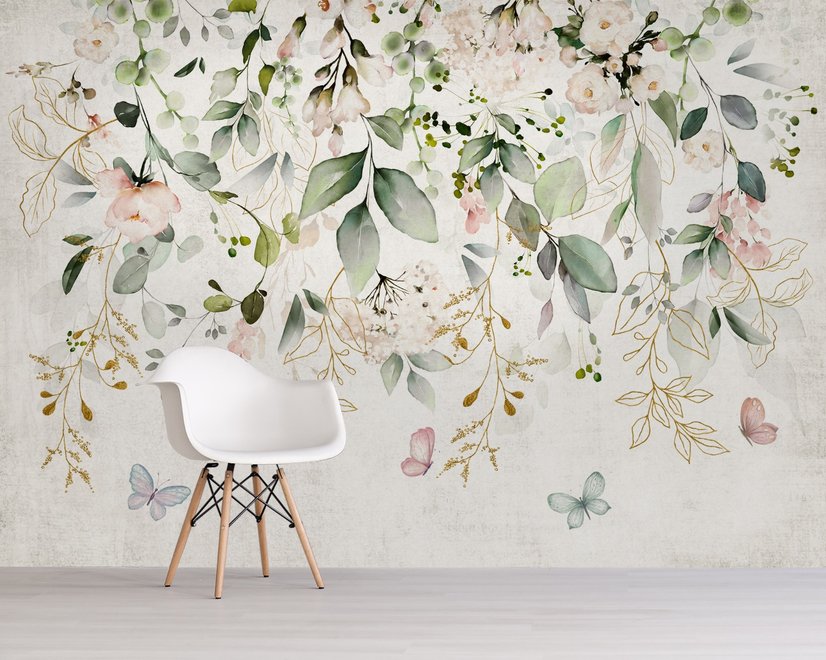 Papier peint aquarelle floral doux avec feuilles vertes