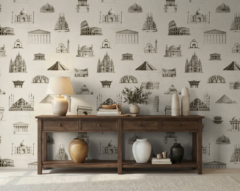 Vintage World Architecture Sketch Wallpaper Mural