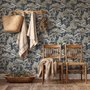 Navy wallpaper with warm ivory and taupe grey toile tree repeat on deep slate blue ground