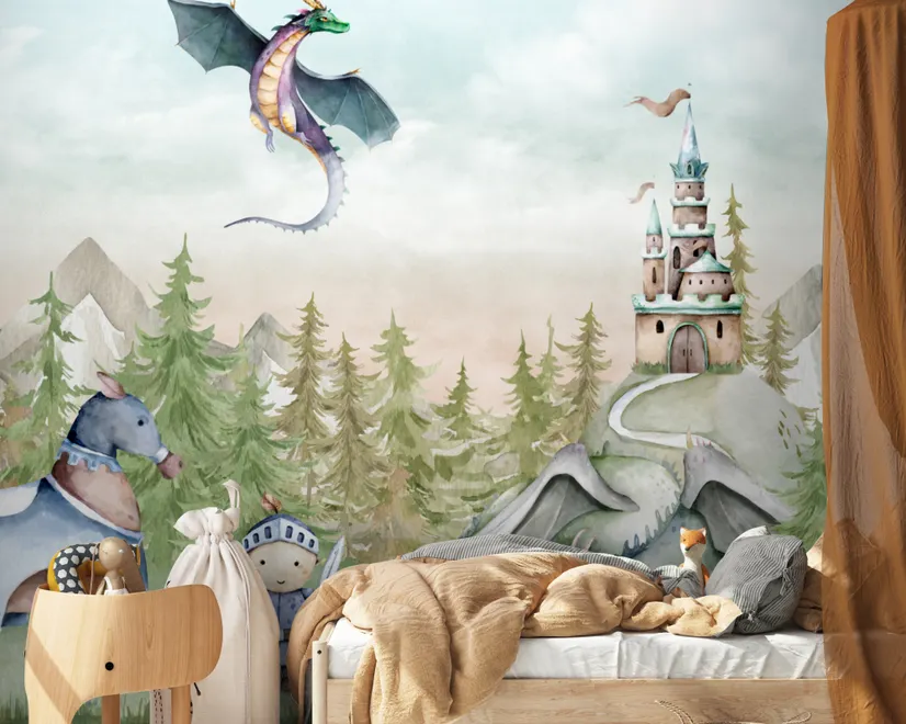 Papier peint dragons conte fée prince princesse enfants