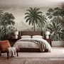 Sepia tropical landscape wallpaper with palms, banana plants, lagoon, bridge and mountains