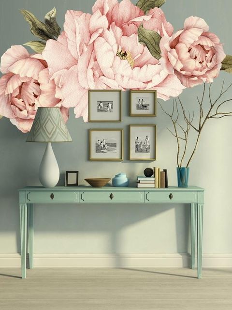 Stickers muraux pivoines roses feuilles vertes