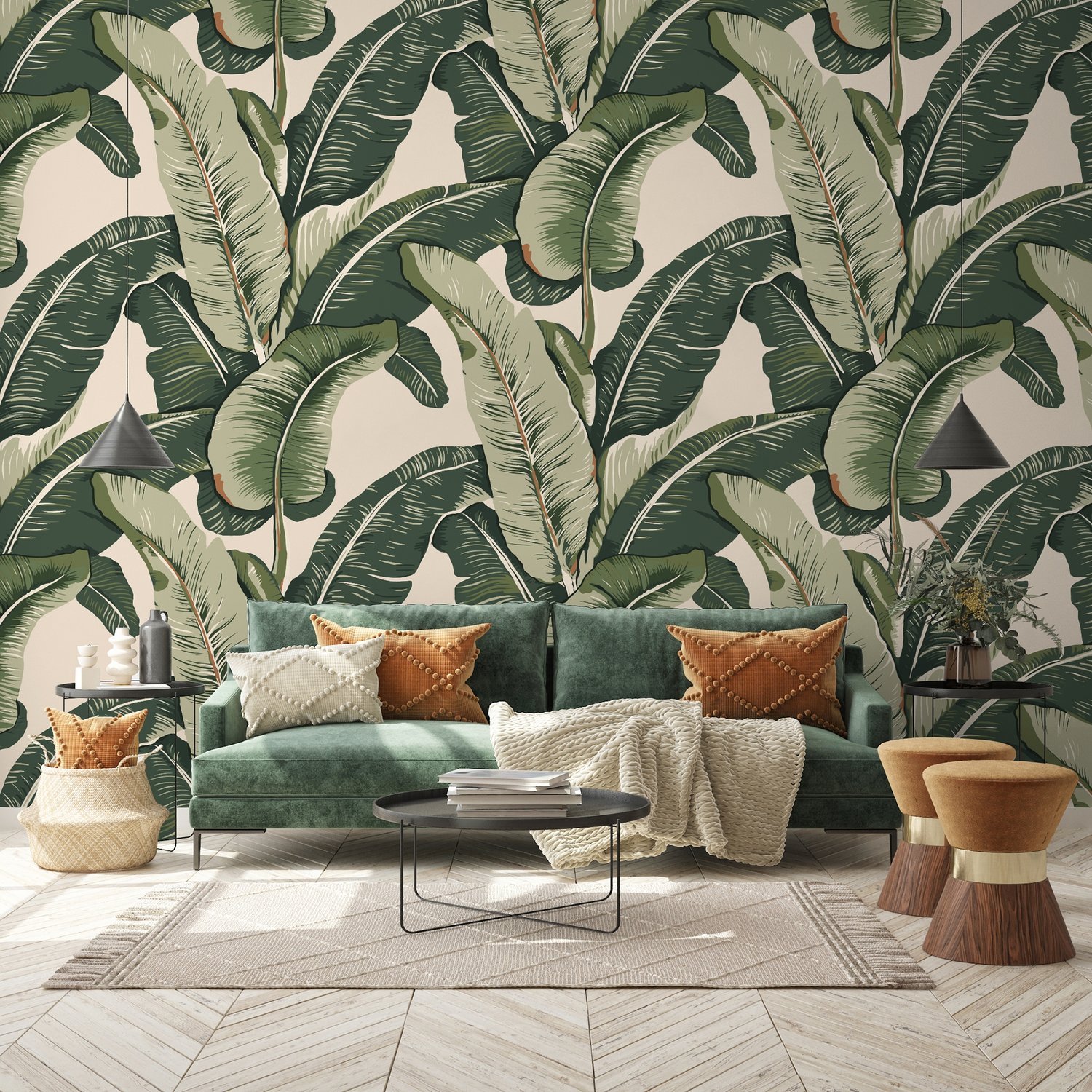Retro Banana Leaves Pattern Wallpaper Mural - Peel and Stick