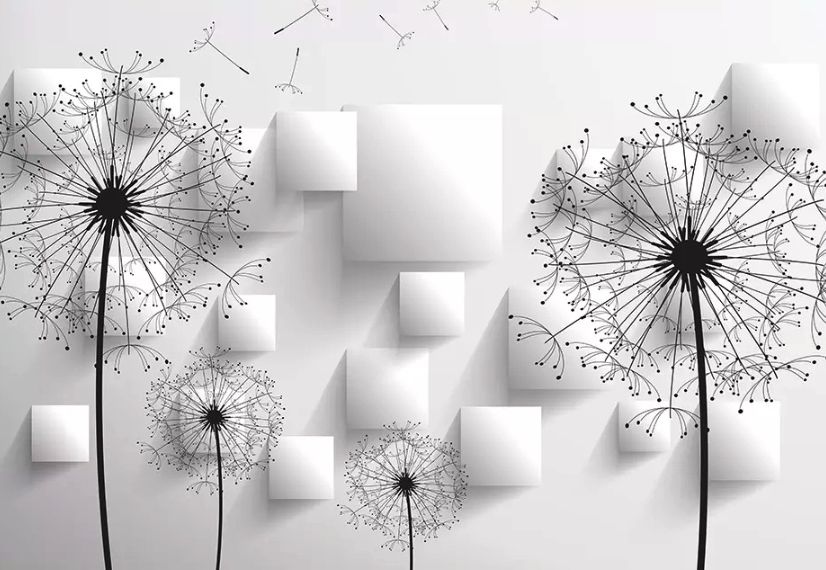 Monochrome Dandelion Floral Wallpaper Mural
