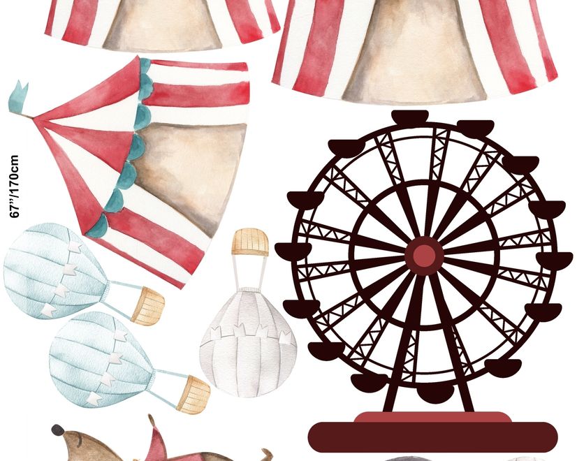 Kids Watercolor Circus Amusement Park with Little Hot Air Balloon Wall Decal Sticker