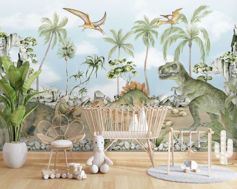 Papier peint dinosaure jurassique pour enfants animaux préhistoriques aquarelle