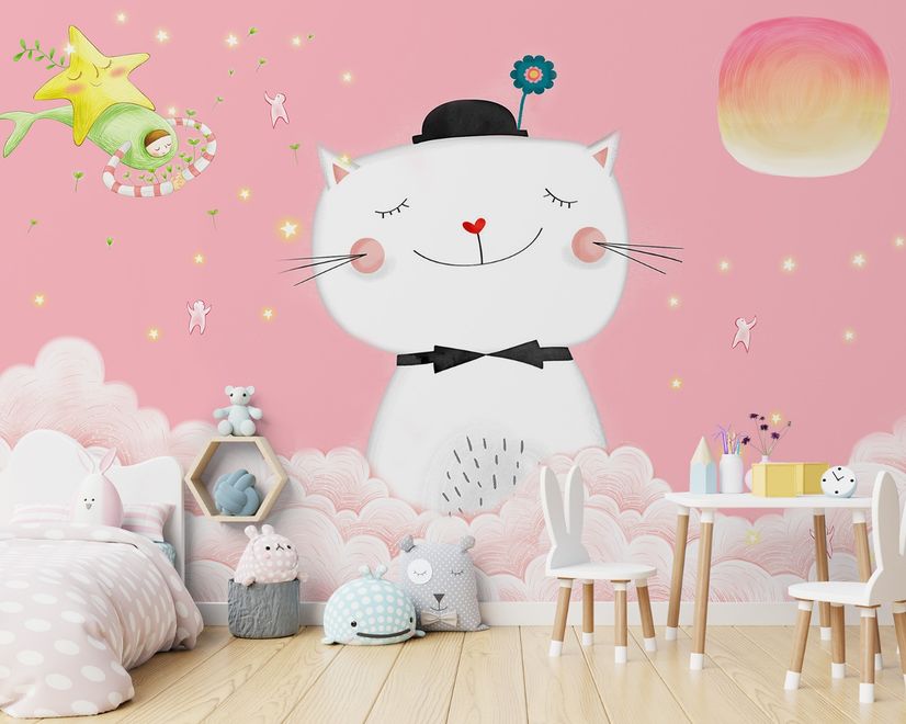 Fototapete Cartoon Glückliche Katze auf den Rosa Wolken