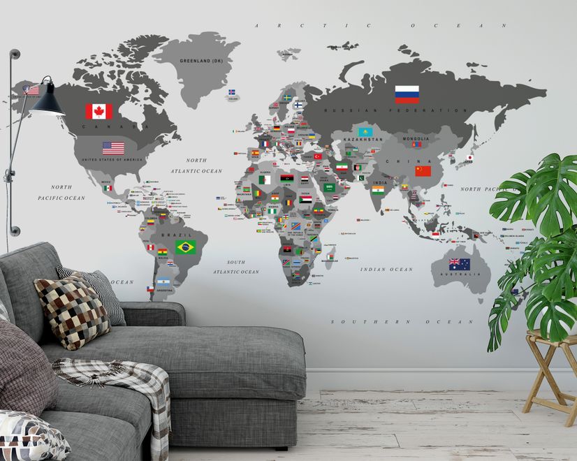 Political World Map with Country Flags Wallpaper Mural