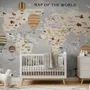 Kids World Map with Vintage Hot Air Balloon Wallpaper Mural