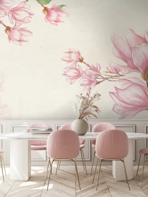 Watercolor Pink Magnolia Blossom Wallpaper Mural