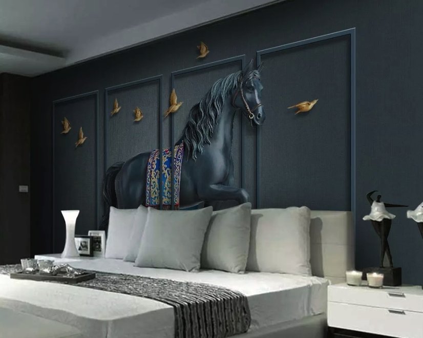 Papier peint panoramique cheval foncé effet relief 3D