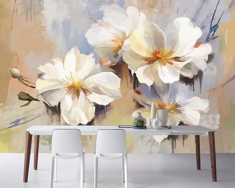 Oil Painting White Floral Wallpaper Mural