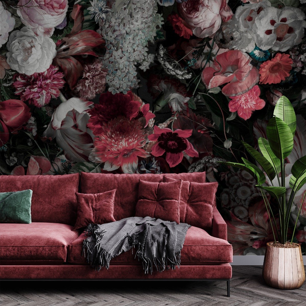 Red Floral Bouqet Wallpaper Mural - Peel and Stick