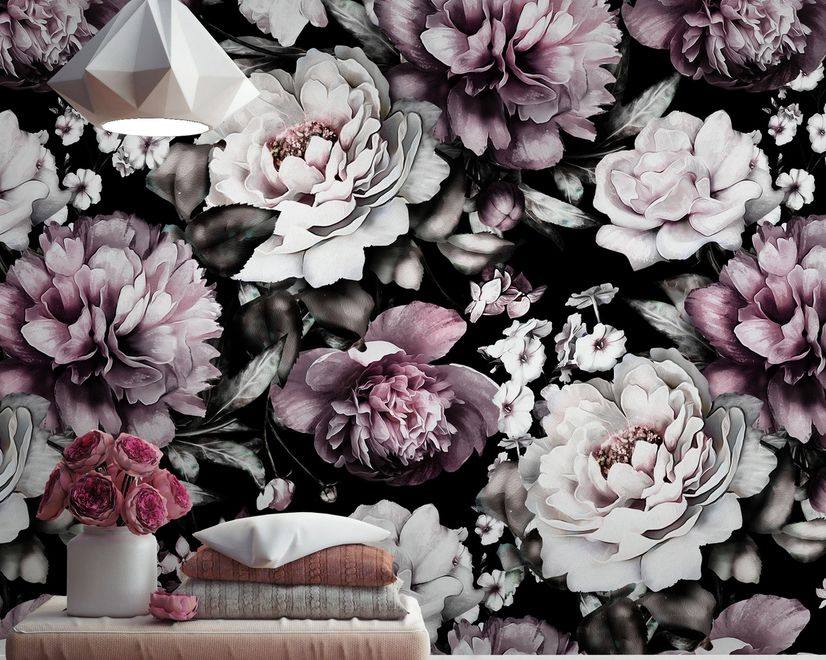 Papier peint panoramique vintage foncé avec fleurs de pivoine