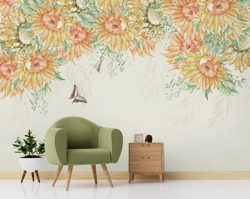 Drawing Art Sunflowers Wallpaper Mural