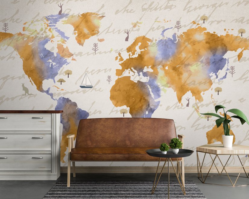 Orange World Map Wallpaper Mural