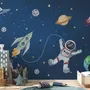 Kids Watercolor Space with Spaceship and Astronaut Wallpaper Mural