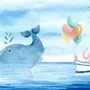 Cartoon Sea with Pink Elephant and Whales Wallpaper Mural