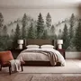 Misty mountain wallpaper mural with tall pine trees, layered green forest and pale foggy ridges