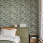 Bamboo oil painting wallpaper with olive leaves and ochre canes on a soft blue-grey ground