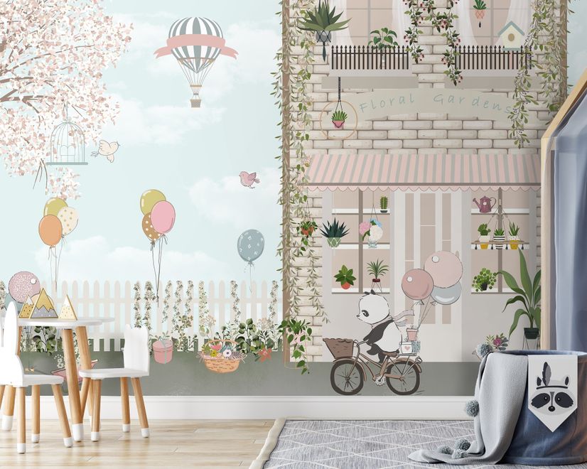 Panda Bear with Balloons  in front of Floral Garden Home Kids Wallpaper Mural