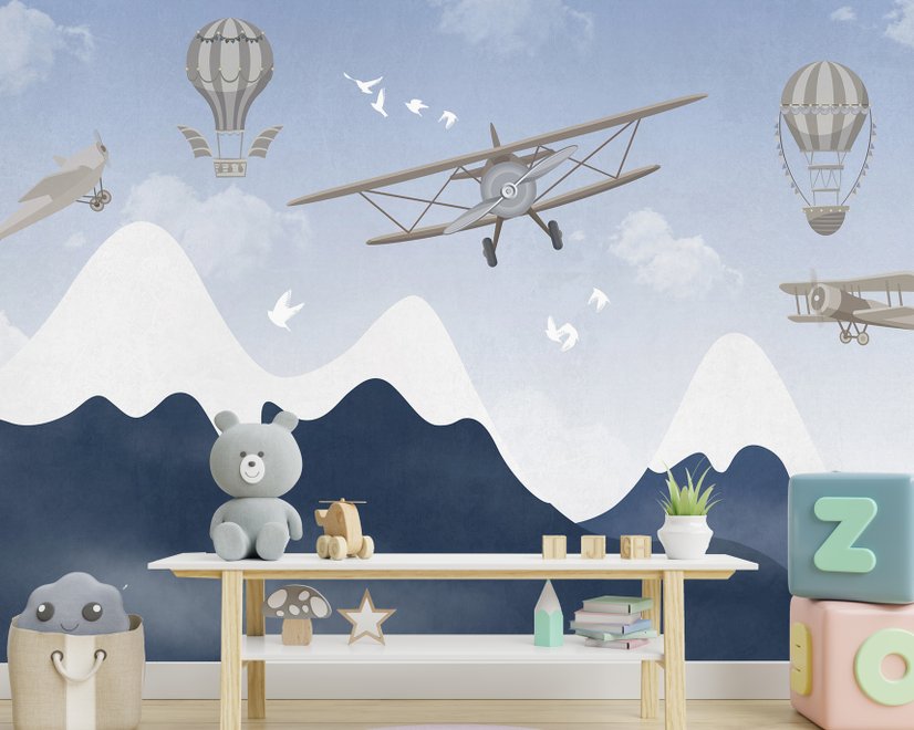 Papier peint panoramique Montagne enneigée avec avion et ballons pour enfants