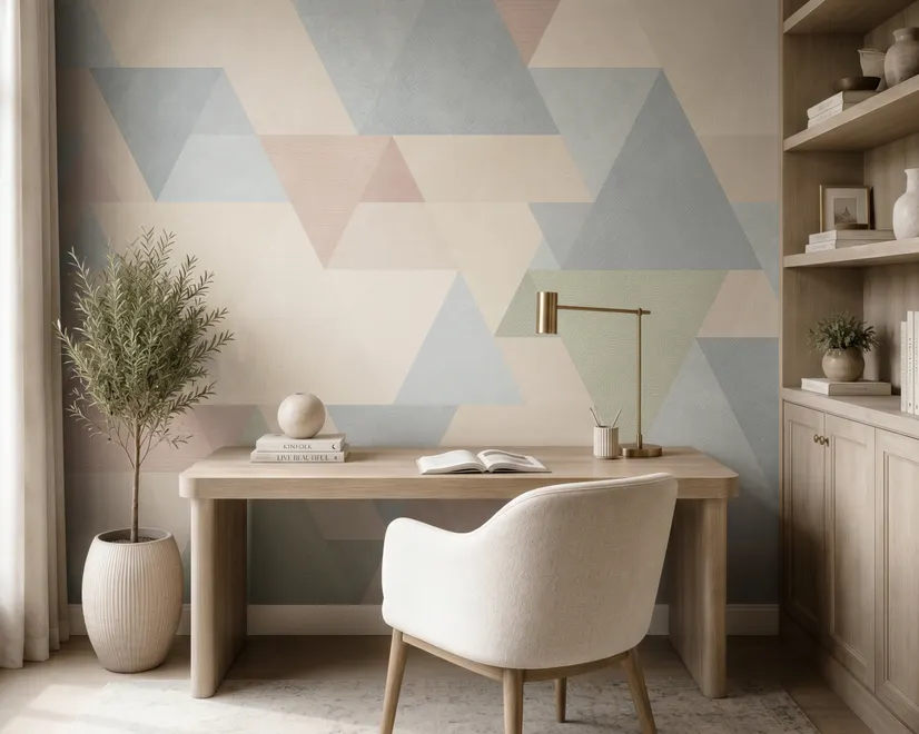Pastel abstract wallpaper with overlapping sky blue, blush, cream, sage and grey textured triangles