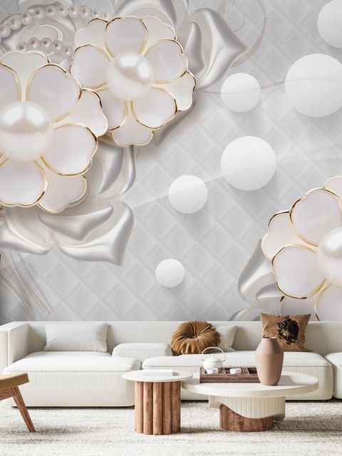 3D Look White Pearl Flower Wallpaper Mural