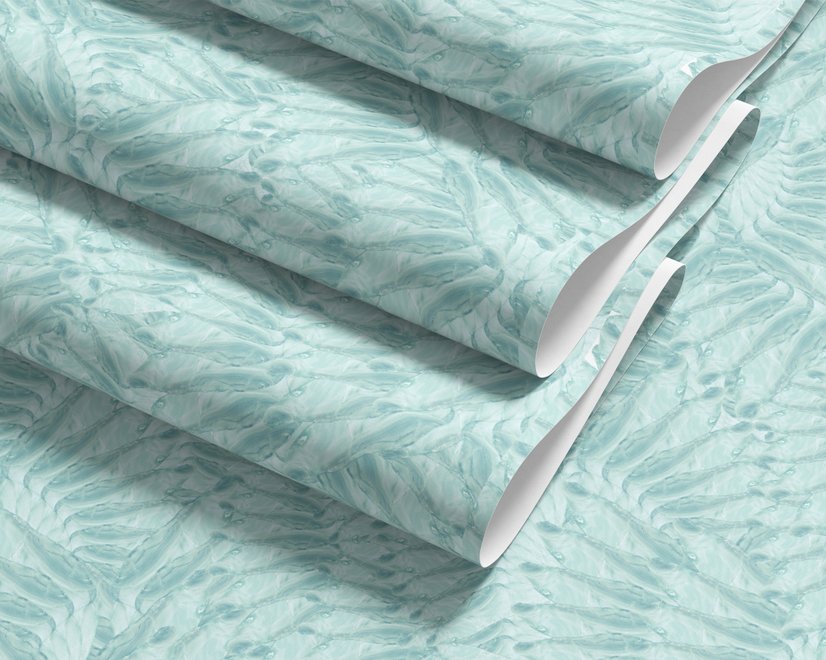 Aqua fern wallpaper with overlapping icy blue palm fronds on a pale aqua ground