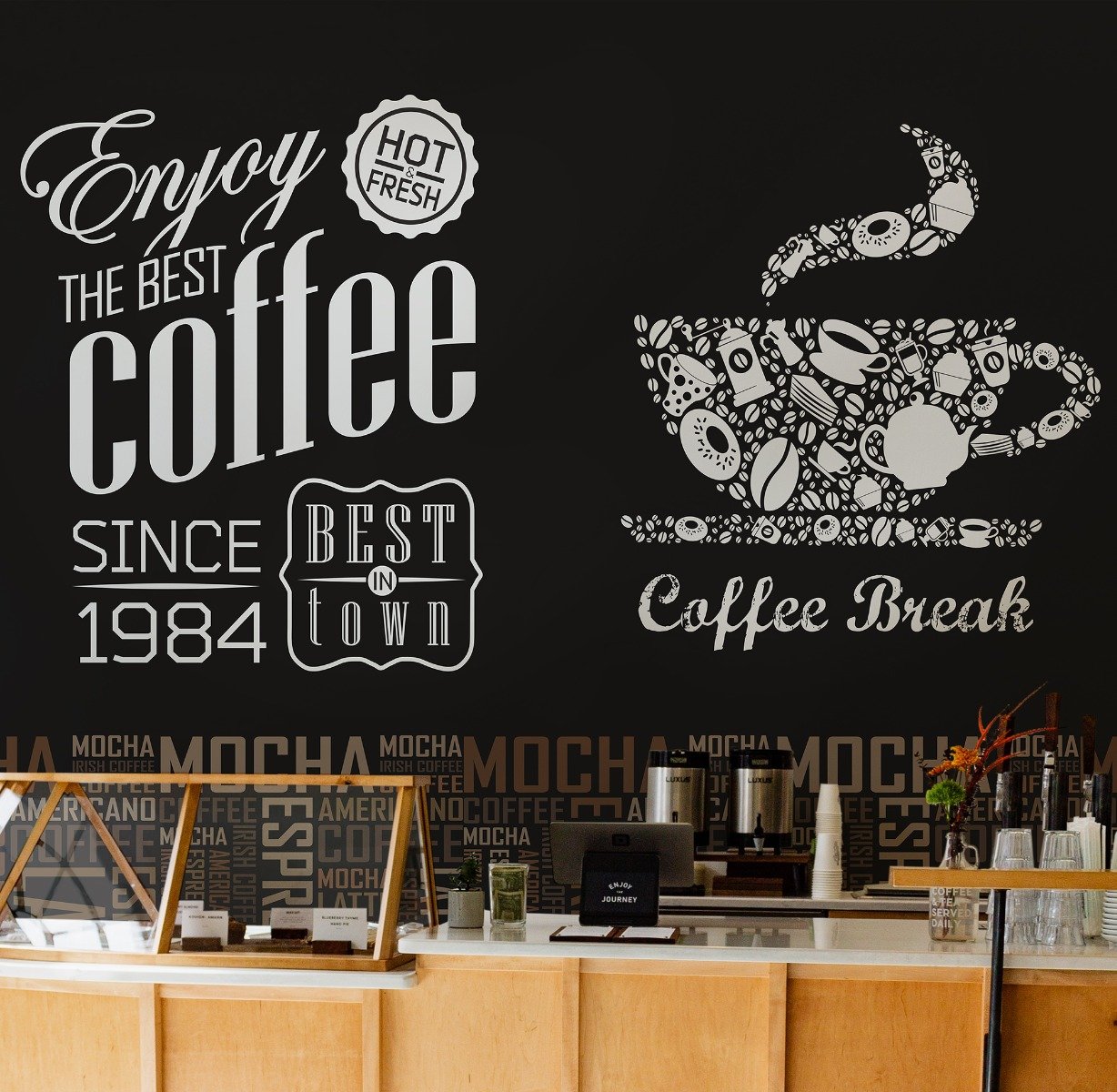 Fototapete mit Kaffee-Mocha-Typografie - Selbstklebende