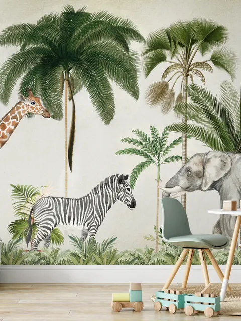 Kids Wild Tropical Animals with Palm Trees Wallpaper Mural