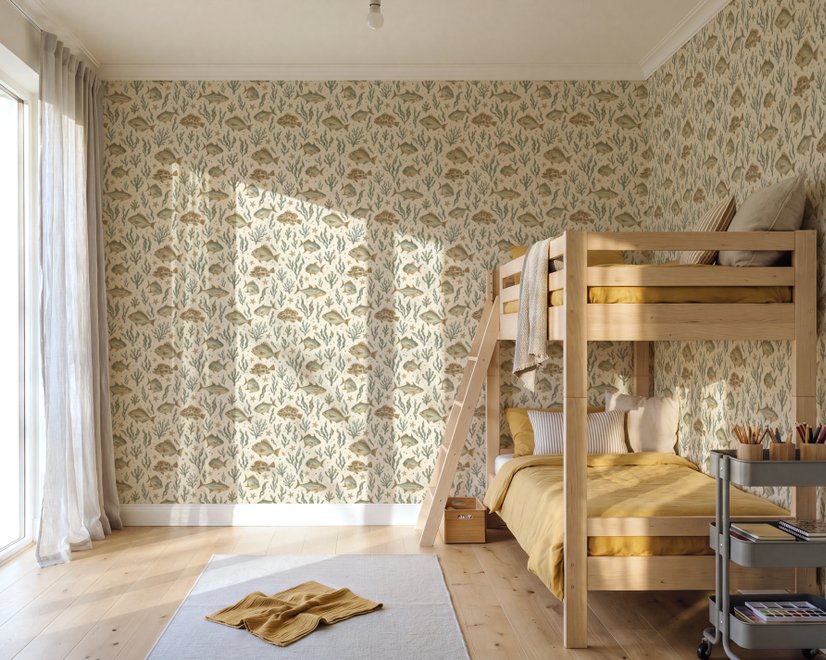 Watercolor fish wallpaper with grey-blue fish, seafoam seaweed, starfish and bubbles on warm cream