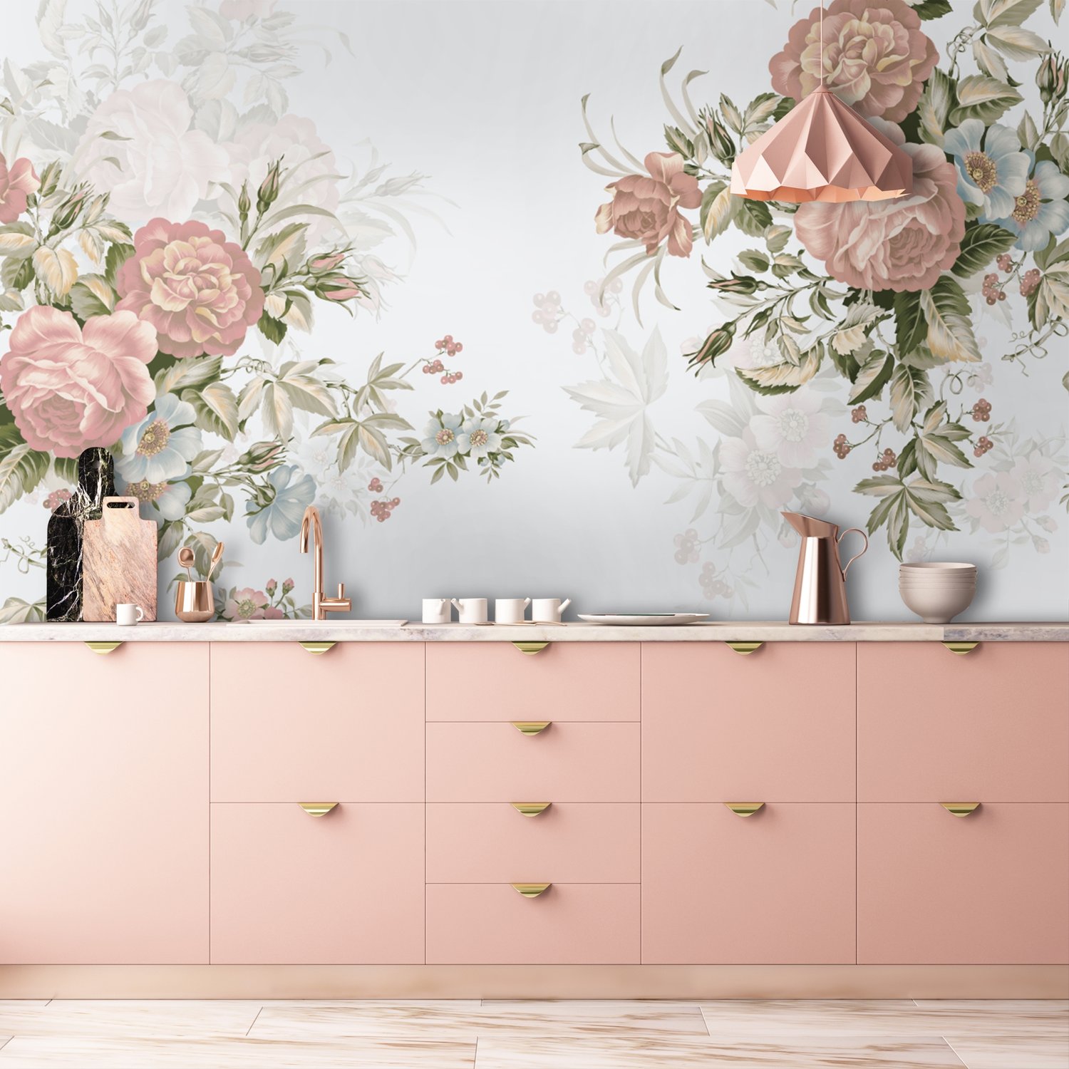 Vintage Pink Flowers Wallpaper Mural - Peel and Stick