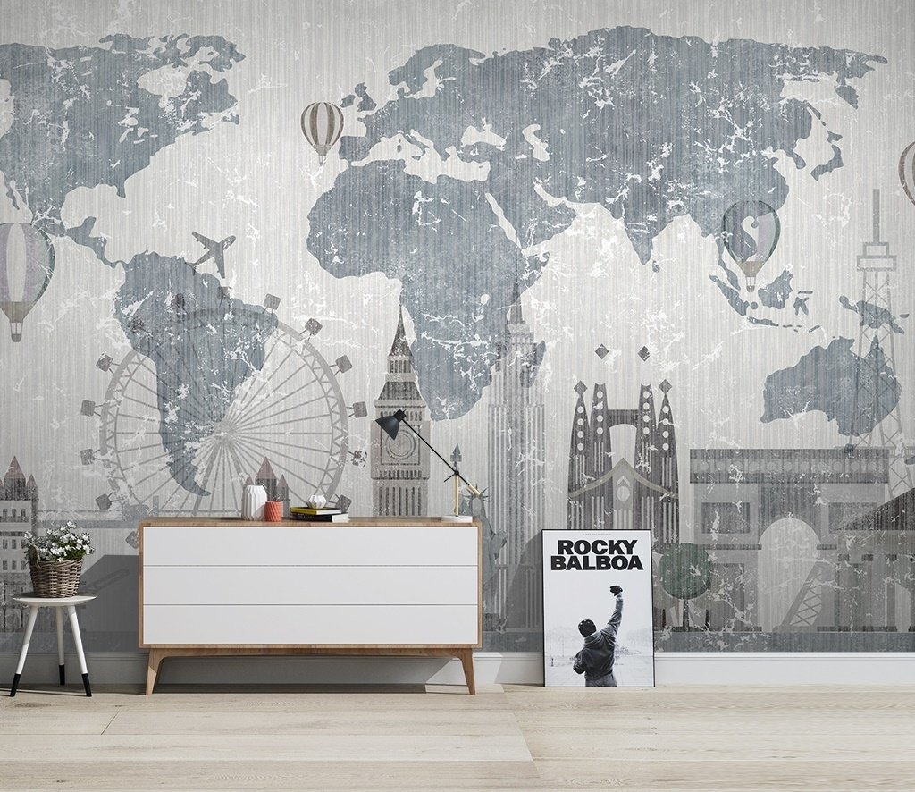 Vintage World Map with Old Hot Air Balloon Wallpaper Mural - Peel and Stick