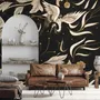 Dark Crane Birds and Brown Retro Florals Wallpaper Mural