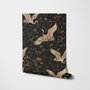 Ivory cranes and antique gold lotus flowers on charcoal-black Japanese lotus wallpaper