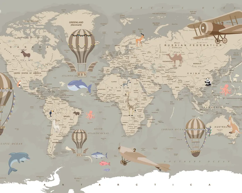 Kids Soft Brown Political World Map with Drawing Animals Wallpaper Mural