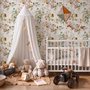 Watercolour floral wallpaper with sage leaves, blush and ochre flowers on a white ground