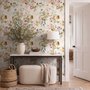 Watercolour floral wallpaper with sage leaves, blush and ochre flowers on a white ground