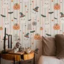 Cute autumn wallpaper with white ghosts, orange pumpkins, black bats and sage striped background