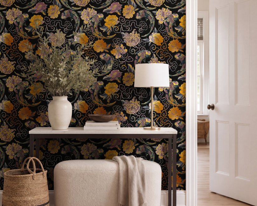 Japanese art wallpaper pattern with koi fish, gold peonies, mauve flowers and grey clouds on black