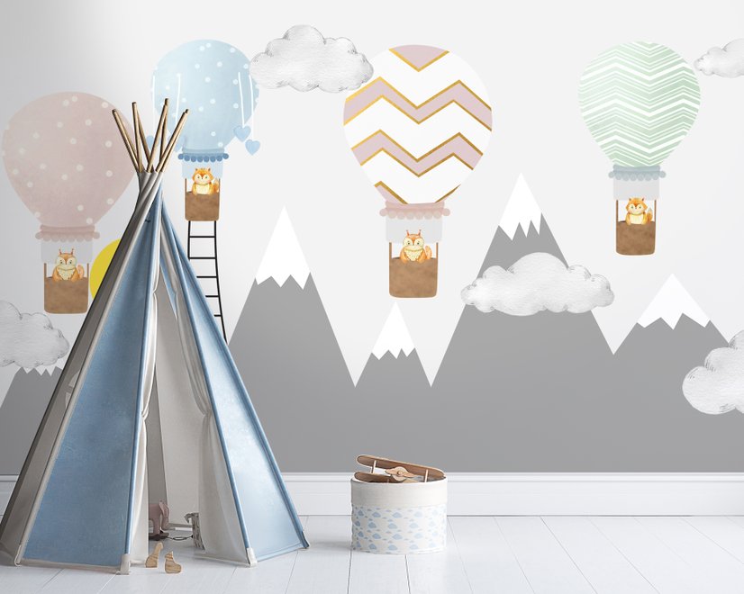 Kids Gray Mountain and Colorful Hot Air Balloon Wallpaper Mural