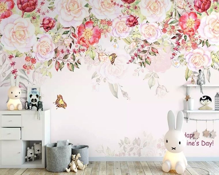Pink Flowers and Butterflies Wallpaper Mural