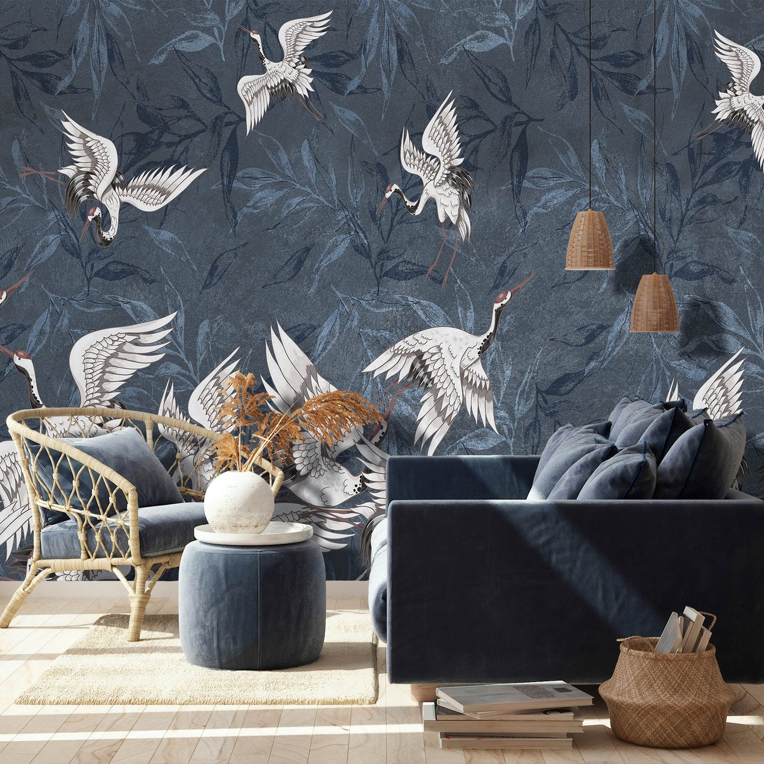 Fototapete Dunkelblaue Blätter im Grunge-Stil mit Kranichen - Selbstklebende