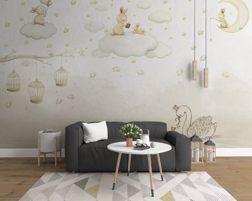Rabbits on the Clouds and Empty Cages Wallpaper Mural