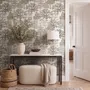 Monochrome wallpaper with grey tree toile on a clean white ground