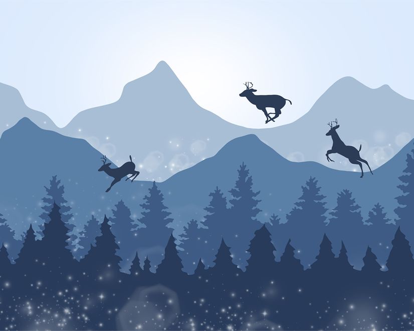 Monochrome Dark Blue Snowy Forest with Horned Deer Silhouette for Kids Nursery Wallpaper Mural
