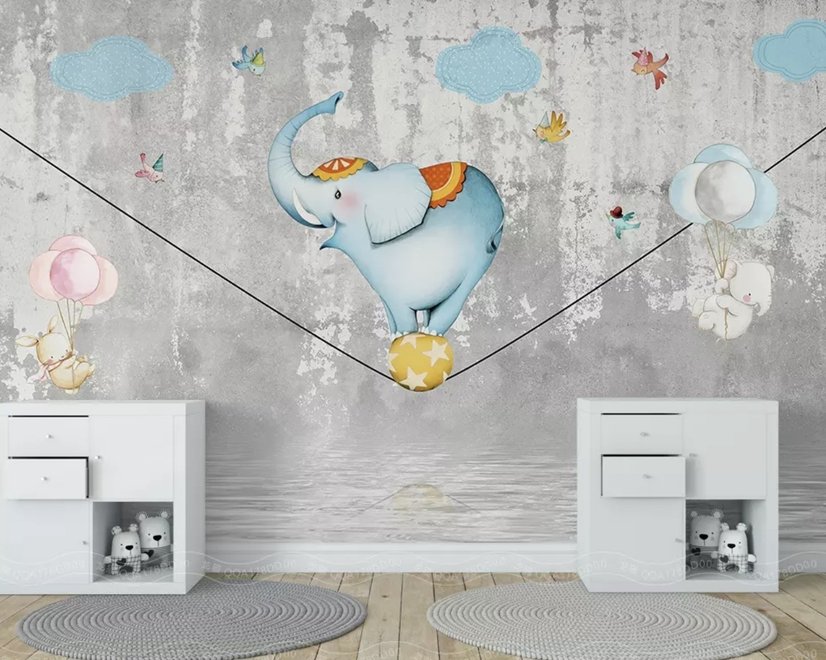 Papier peint panoramique funambule avec éléphant de dessin animé sur la balle