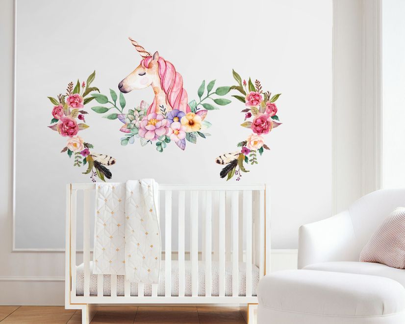 Kids Pink Unicorn with Colorful Florals Wall Decal Sticker